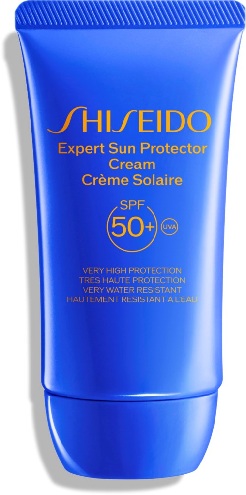 Blå tube med Shiseido solcreme med SPF 50+ til højt beskyttelsesniveau, vandafvisende, egnet til solbeskyttelse.
