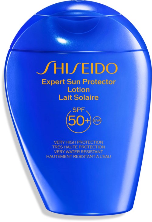 Blue bottle of Shiseido sun protection lotion with SPF 50+ and UVA protection.