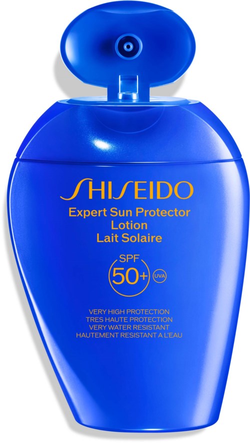 A blue bottle of Shiseido sunscreen lotion with SPF 50+ protection. It has a flip-top cap and gold text.