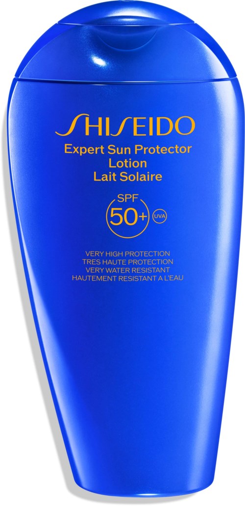 Blue bottle of Shiseido sun lotion, SPF 50+, high protection, water-resistant, includes UVA and UVB protection.