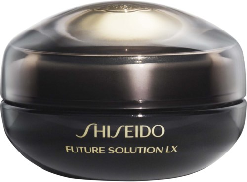 En rund, skinnende krukke med sølvtop og svart kropp. Den har teksten "SHISEIDO FUTURE SOLUTION LX" på seg.