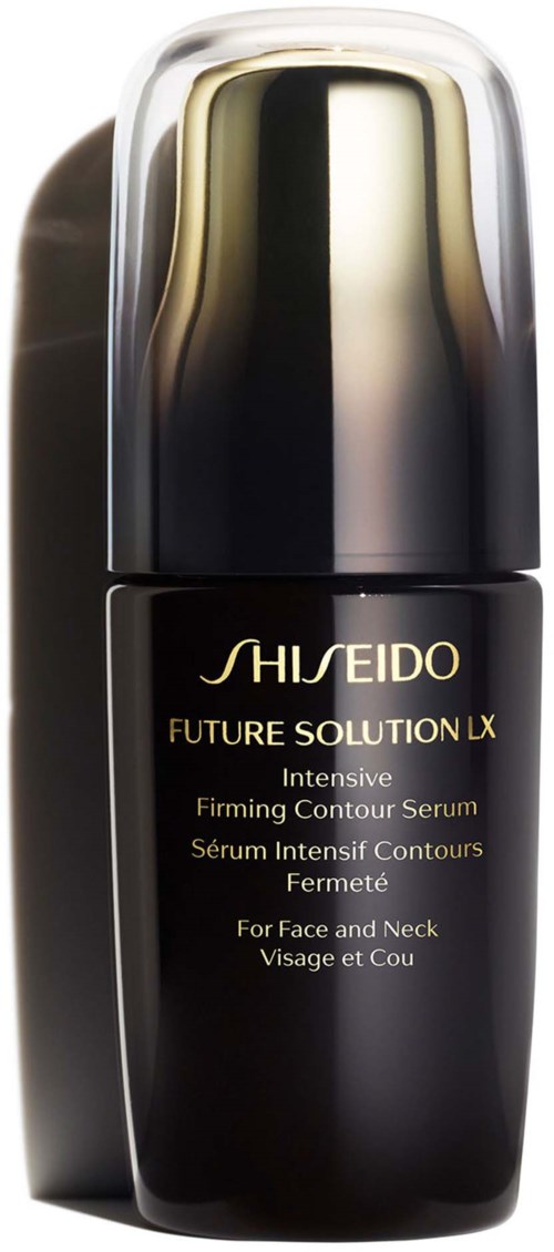 Mustavalkoinen pullo, jossa kultaiset ja hopeiset kirjainet, nimeltä Shiseido Future Solution LX kasvoille ja kaulalle.