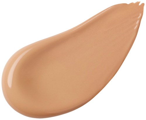 En beige flytande foundation prov med krämig textur och lätt glänsande finish.