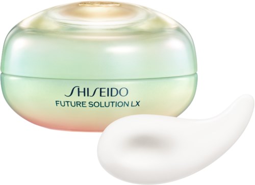 Słoik kremu Shiseido Future Solution LX z białą szpatułką na pierwszym planie.