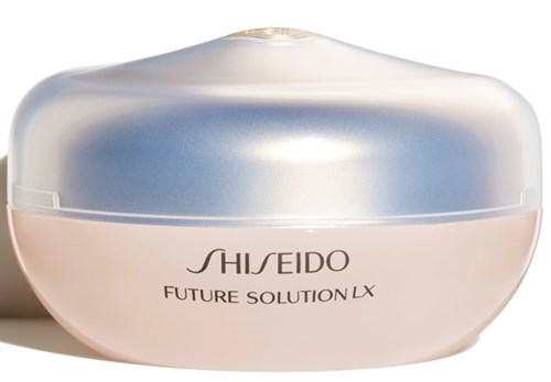 En rund lotionbeholder med blank sølv og pink design, mærket "Shiseido Future Solution LX."