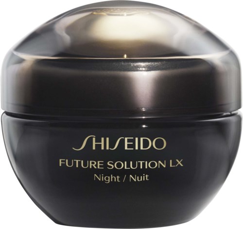En svart burk med silverlock, märkt 'Shiseido Future Solution LX Night/ Nuit'.