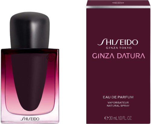 A perfume bottle and box with dark pink and black colors, labeled Shiseido Ginza Datura, 30ml.
