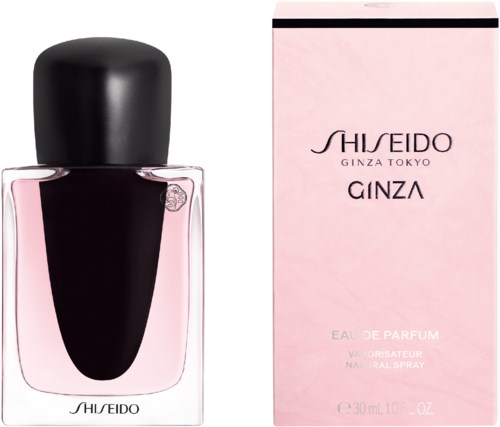 En parfymflaske og en lyserød æske fra Shiseido Ginza med enkle designs og sort top, der repræsenterer et parfumemærke.