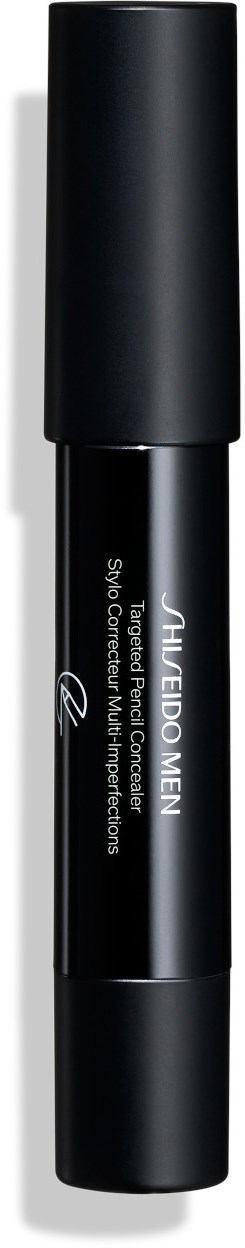En sort cylindrisk flaske med låg, mærket 'SHAVE BALM MEN' fra Shiseido, mod en sort baggrund.
