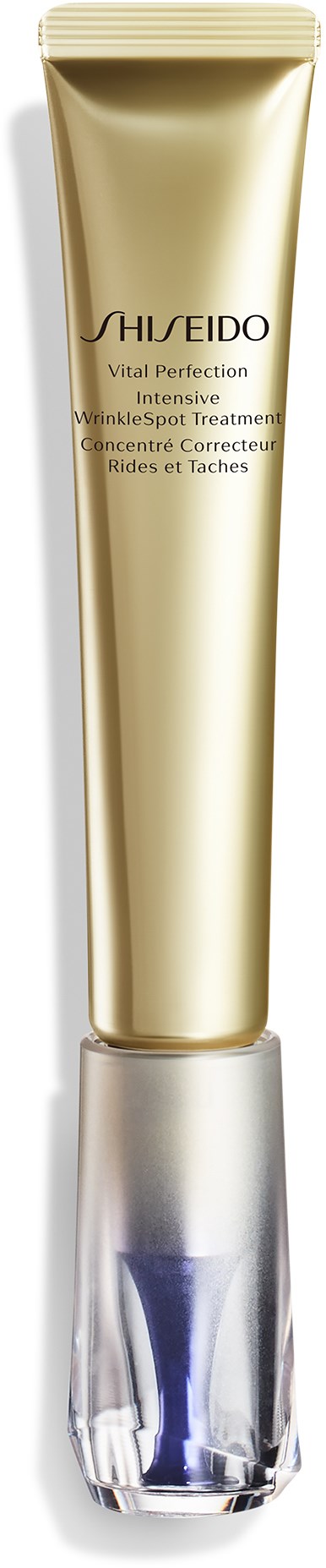 Guldfärgad tub av hudvårdsprodukter med silverbas, märkt 'Shiseido Vital Perfection Intensive WrinkleSpot Treatment'.