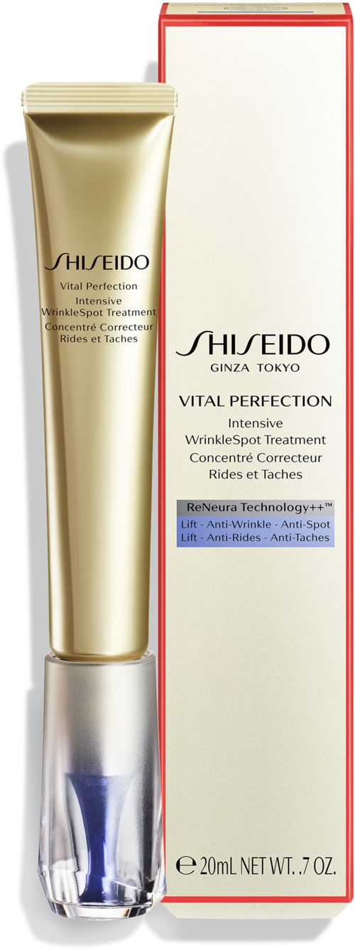 En guldfärgad och silveraktig tub med Shiseido Vital Perfection och dess förpackning. Det är en hudvårdsprodukt för ansiktet.