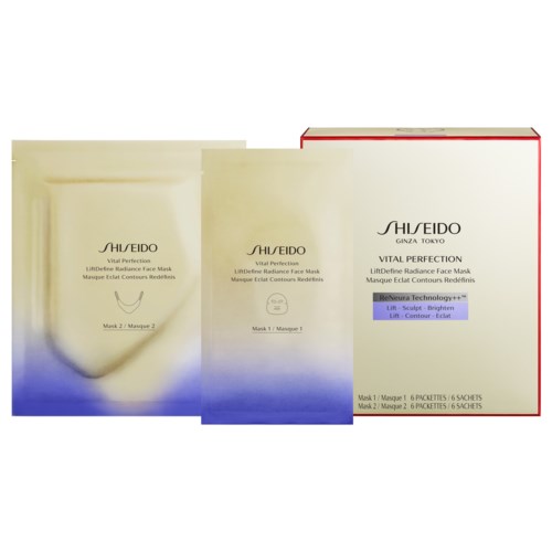Två ansiktsmaskpaket, vita med blå gradient, märkta "Shiseido Vital Perfection" och "LiftDefine Radiance Face Mask."