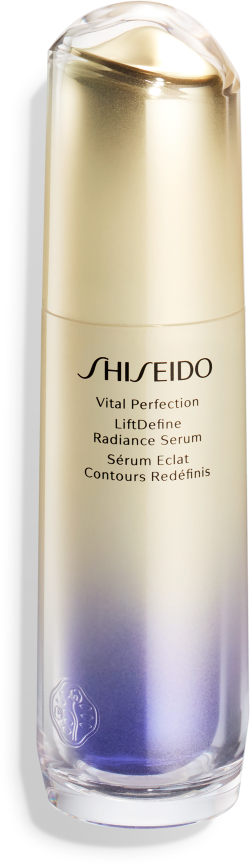 A tall, elegant bottle with a gradient from gold to purple, labeled as Shiseido Vital Perfection serum.
