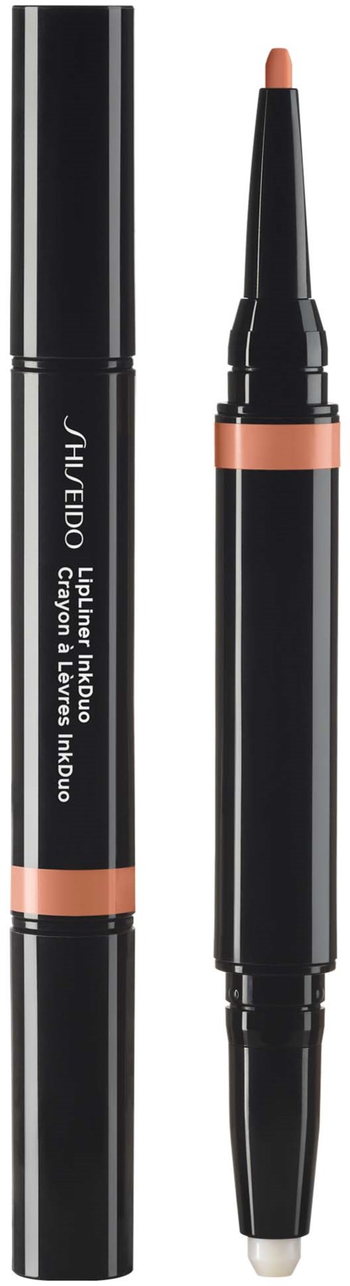 En svart øyenbrynspenne med to ender, en med lokk og en med spoolie, merket Shu Uemura.