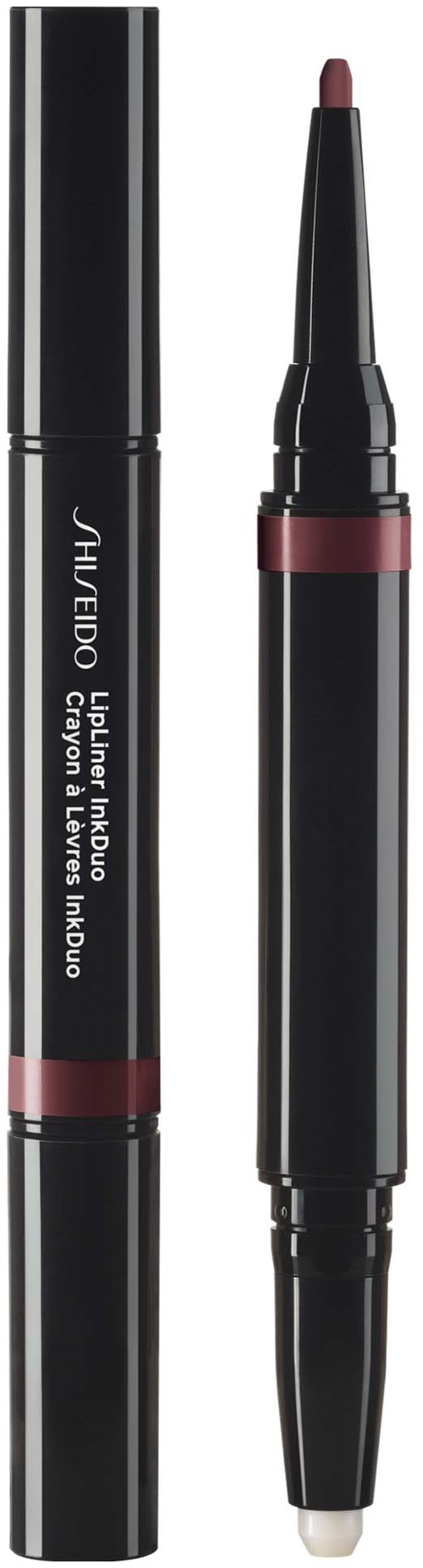 Płynny eyeliner z pędzelkiem, czarny i różowy opakowanie, od Shiseido.