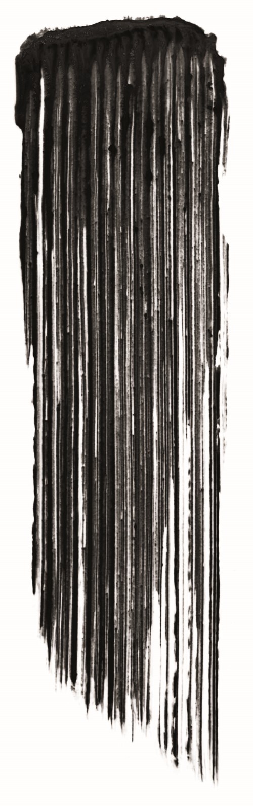 En vertikal svart och vit bläck- eller färgstrok med texturerade linjer som trappas av längst ner på en vit bakgrund.