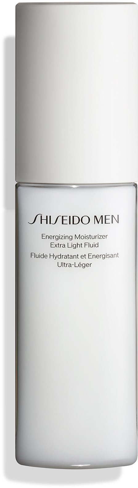 En vit cylindrisk flaska märkt för herrskincare, med text om återfuktning och extra lätt vätska.
