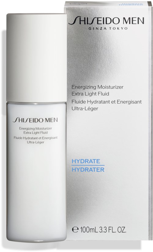 En vit flaska och box visas, med text som visar att det är hudvårdsprodukter som heter Shiseido Men Hydrate.