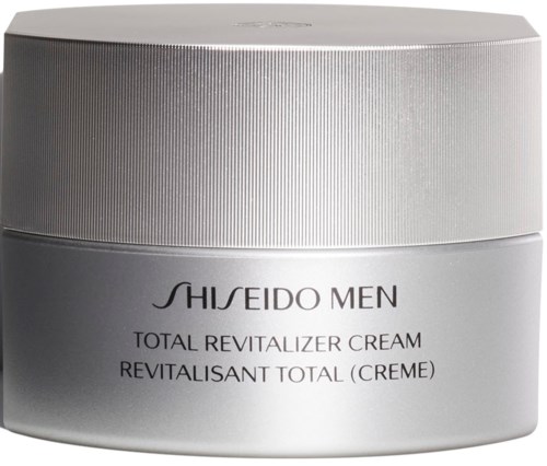 En silverburk med Shiseido Men Total Revitalizer Cream och en texturerad lock.