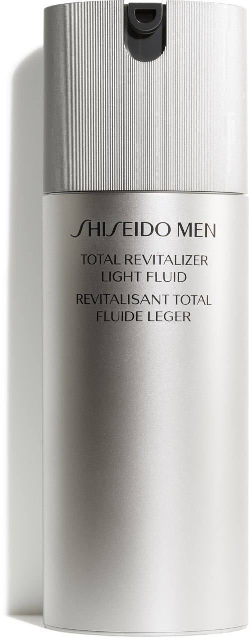 En vit cylindrisk flaska med silverlock, märkt 'SHISEIDO MEN' och 'Total Revitalizer Light Fluid.'