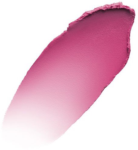 Pink leppestiftflek med gradient fra mørk til lys rosa, ru kanter, jevn tekstur, på hvit bakgrunn.