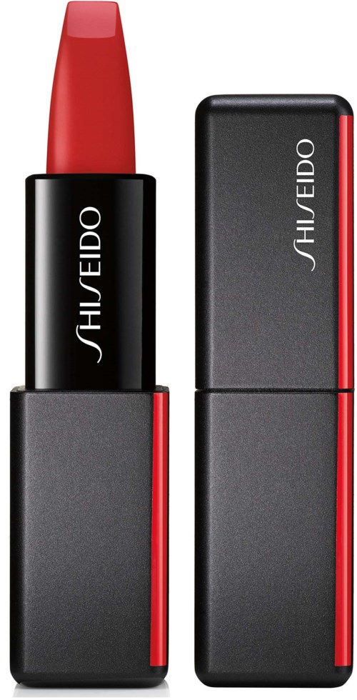 En rød leppestift med svart og rød emballasje, og et matchende leppestiftetui fra SHISEIDO.