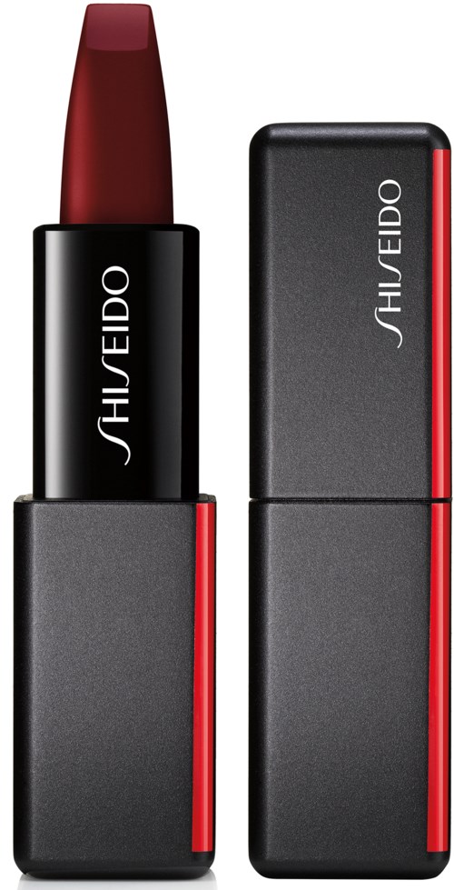 Dette er et leppestift i et svart og grått etui med rød leppefarge. Merket er SHISEIDO.