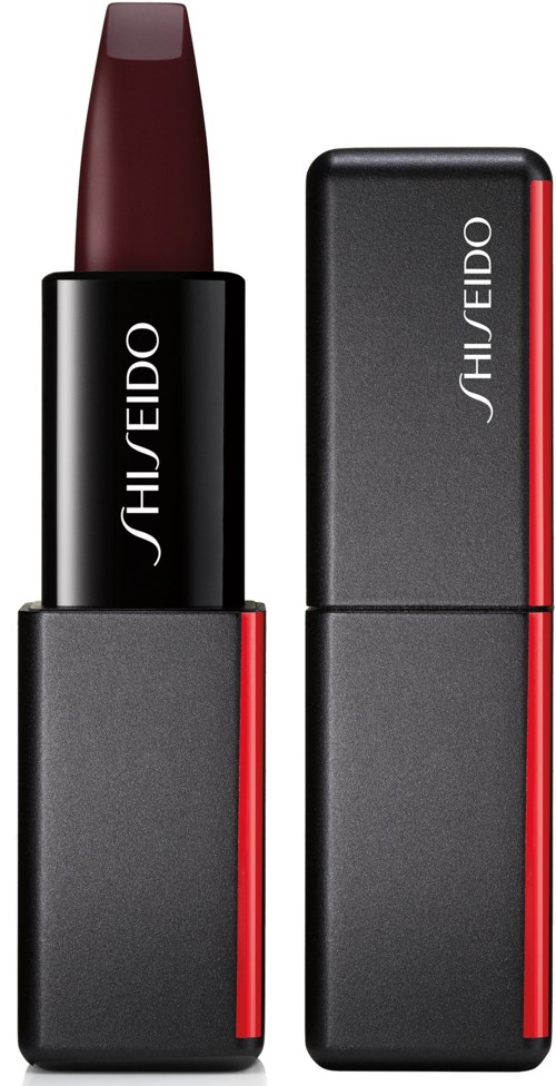 En leppestift med svart og rødt deksel, leppestiften er dyp rød. Merket "Shiseido" er synlig.