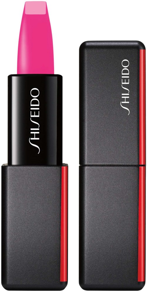 Ett rosa läppstift i en svart och röd tub, med märket Shiseido på.