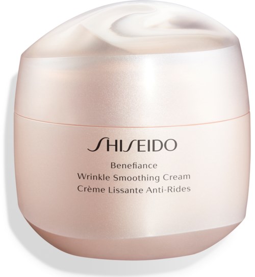 En rosa burk med Shiseido Wrinkle Smoothing Cream, rund topp och enkel etikett.