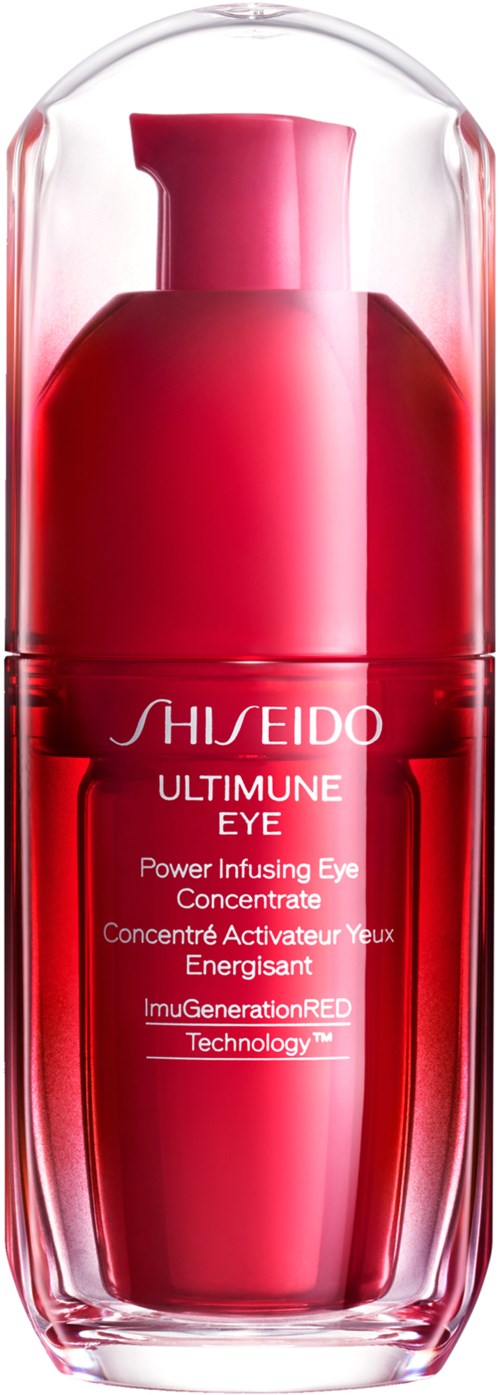Rote Flasche von Shiseido Ultimune Eye Power Infusing Eye Concentrate mit durchsichtigem Deckel.