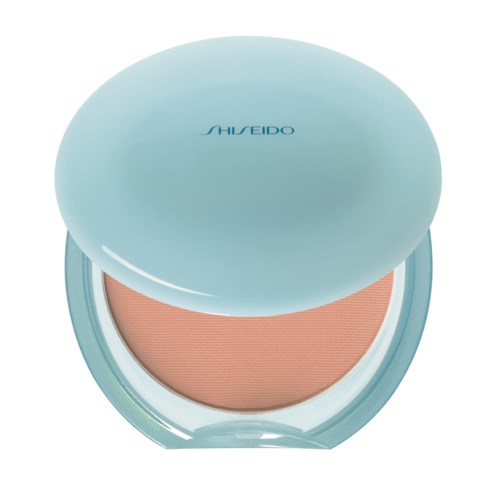 En compact pudder med et lyseblåt låg og mærket Shiseido ovenpå.