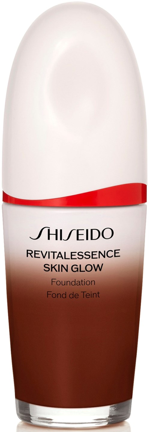 Shiseido Revitalessence Skin Glow Foundation -pullot valkoinen yläosa ja ruskea pohja, jossa on punainen kaareva linja.