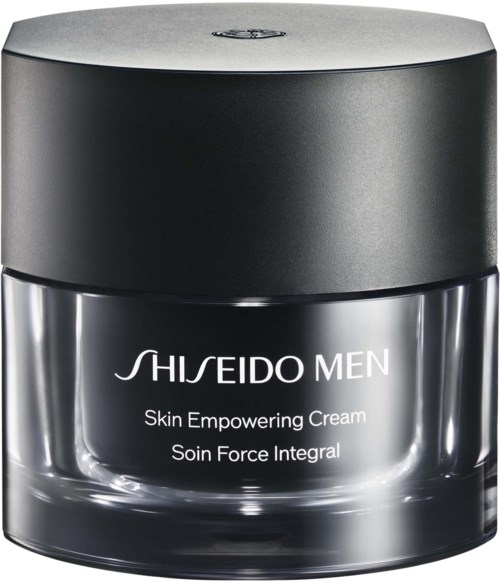 En svart burk med silverdetaljer, märkt Shiseido Men Skin Empowering Cream, Soin Force Integral.