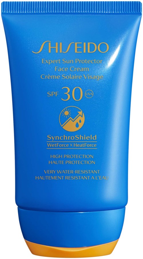Blå tube med ansiktskrem med SPF 30 og beskyttelsesdetaljer, merket er Shiseido, merket for solbeskyttelse og vannavvisende.