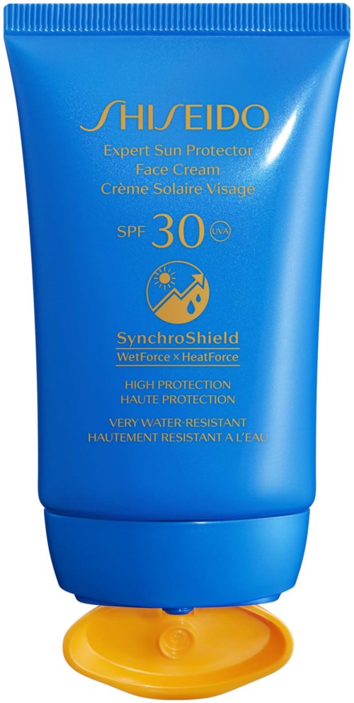 En blå tube med Shiseido ansiktskrem med SPF 30, for solbeskyttelse og vannmotstand.