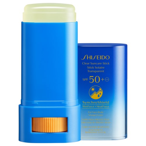 A blue sunscreen stick and a blue container labeled Shiseido with SPF 50+. The stick is open, showing the product.