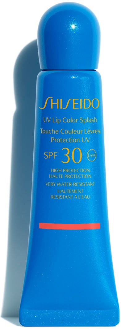 Blå flaske fra Shiseido UV lip color splash med SPF 30, beskytter og en rød linje nær bunnen.