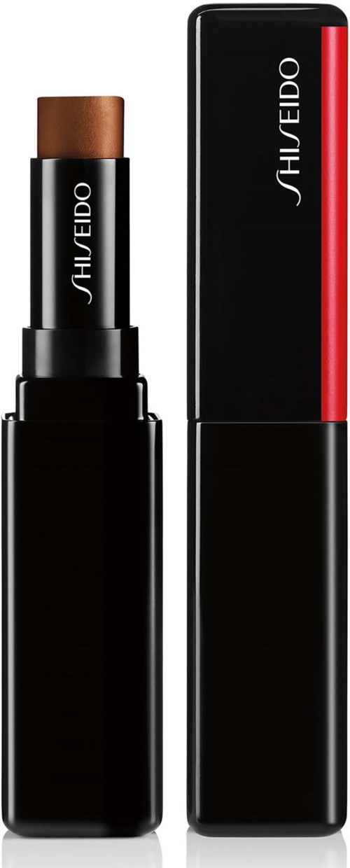 Läppstift i svart hölje med en brunsnygg nyans och en kapsel med Shiseido-loggan, står upprätt.