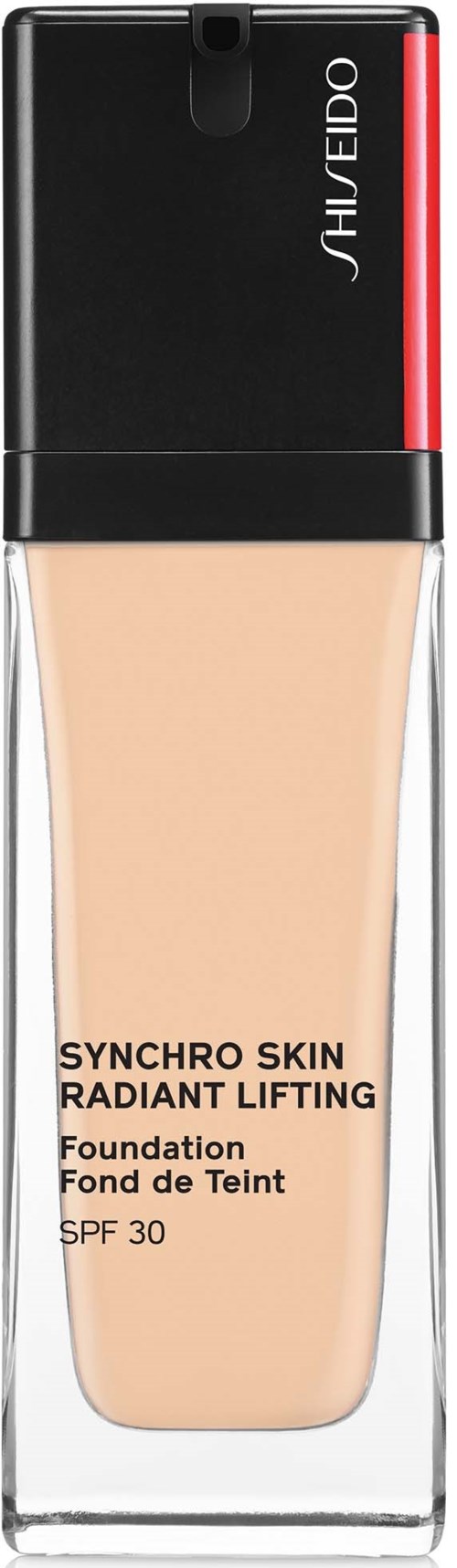 En flaske av Shiseido Synchro Skin foundation med SPF 30, i en klar beholder som viser beige væske.