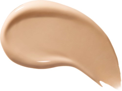 En beige flytende sminkeprøve med jevn tekstur og avrundede kanter.