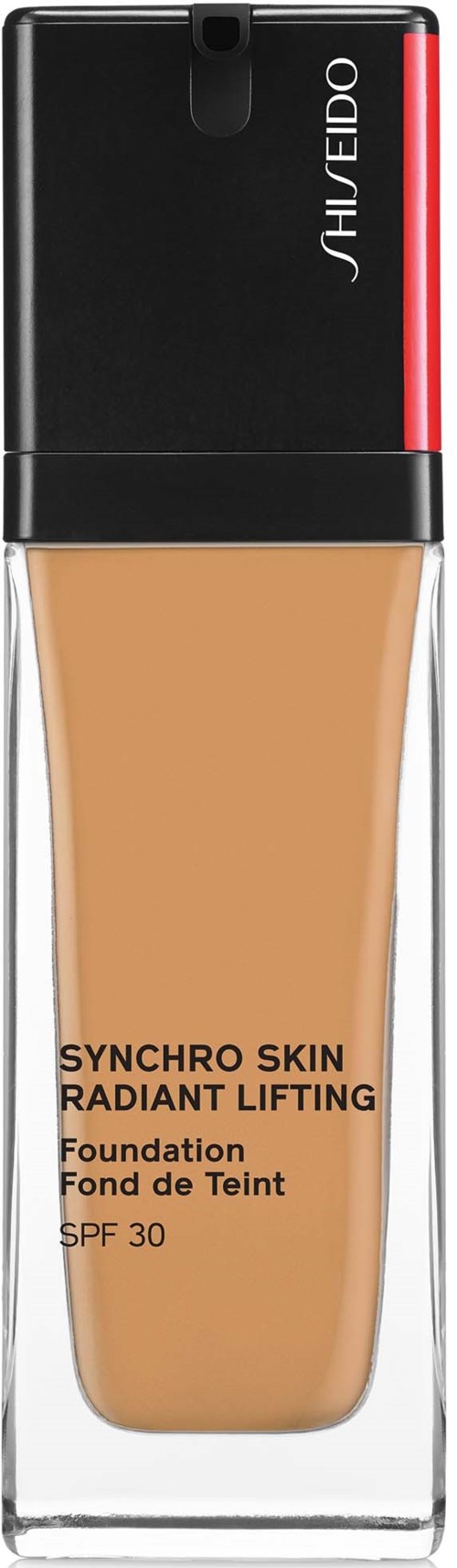 En foundationsflaske med svart lokk, klar kropp og etikett om hud og SPF 30.