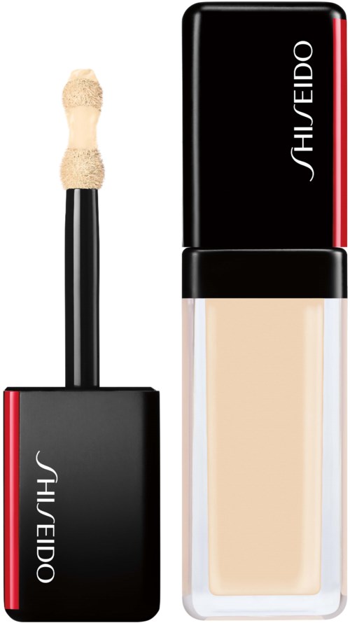 A foundation bottle and applicator wand from Shiseido, with black, red, and clear design and beige liquid makeup.