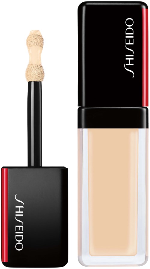 A lip gloss with a black and red container, and a beige-colored gloss applicator brush.