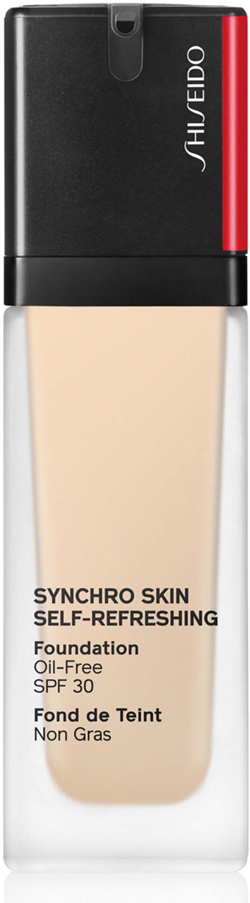 Flasche Shiseido Synchro Skin Foundation, ölfrei, SPF 30, klar Behälter mit schwarzem und rotem Deckel.