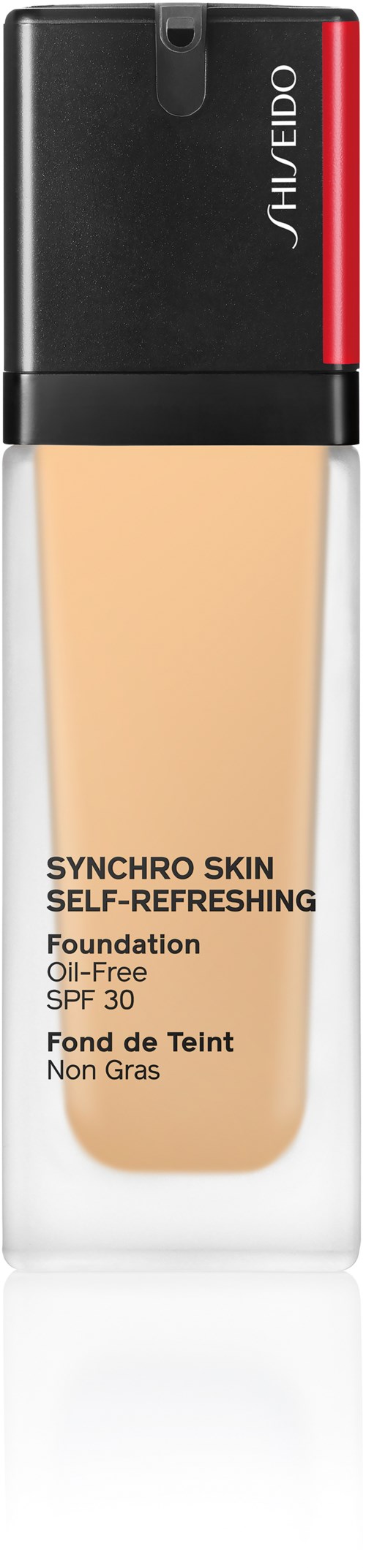 Eine Foundation-Flasche mit schwarzen Deckel, roter Linie und beige Flüssigkeit im Inneren. Beschriftet Shiseido Synchro Skin Self-Refreshing SPF 30.