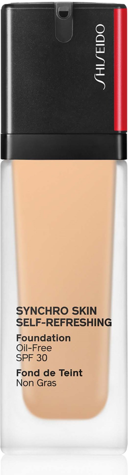 Eine Flasche Shiseido Synchro Skin Grundierung mit SPF 30, ölfrei, für ein natürliches Aussehen.