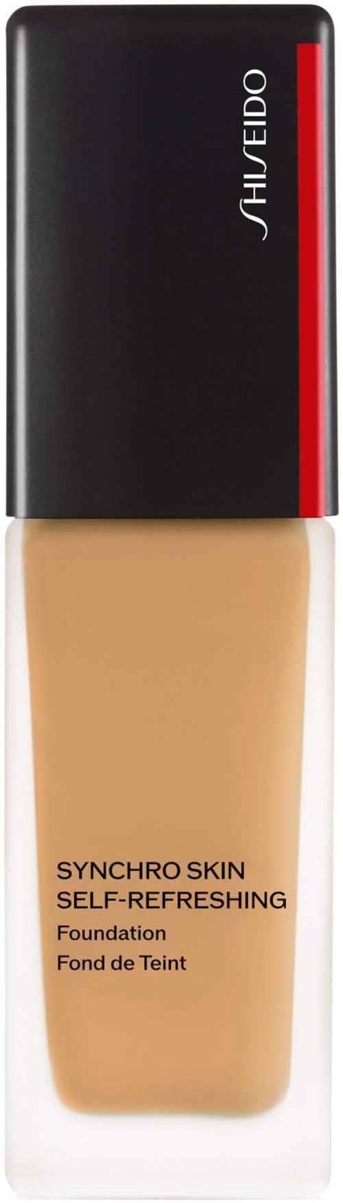 En flaska foundation från Shiseido, beige färg, med svart och röd topp, märkt "Synchro Skin Self-Refreshing."