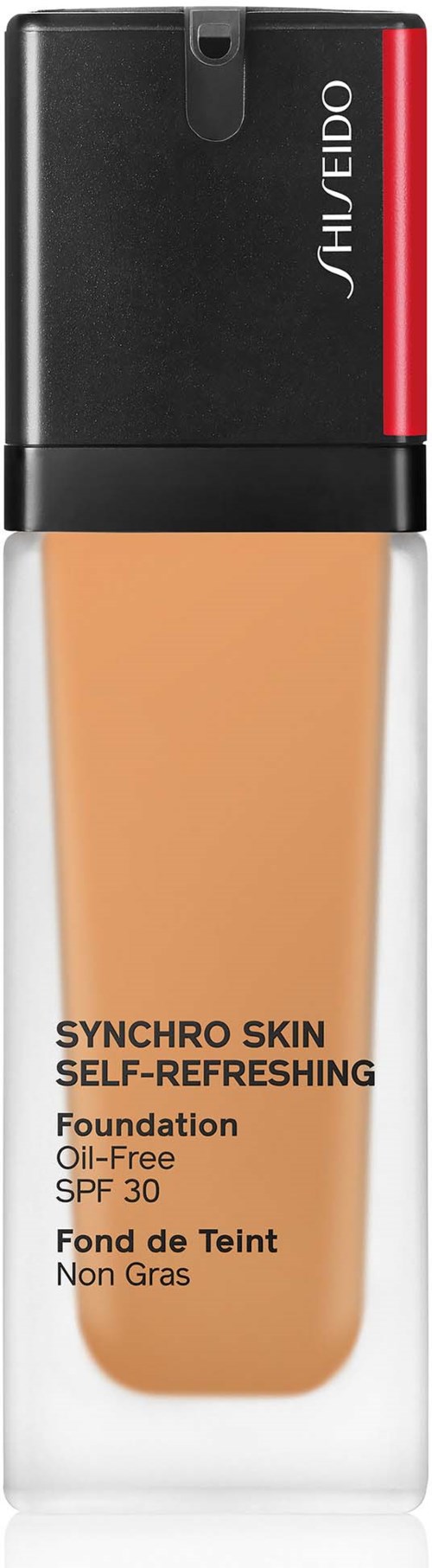 Eine Foundation-Flasche mit Schwarz, Rot und Beige. Sie trägt die Beschriftung "Shiseido Synchro Skin" und SPF 30.