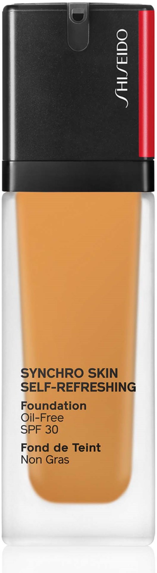 Shiseido Synchro Skin Foundation, ölfrei, SPF 30, in einer transparenten Flasche mit schwarzem und rotem Deckel.